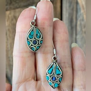 Unique Handmade Tibetan Silver Turquoise Lapis Lazuli Oval Earrings
